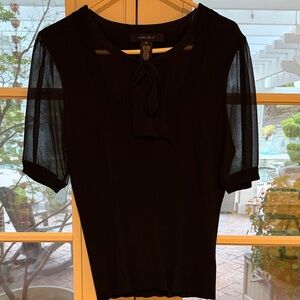 Nine West Black Tie-Neck Sheer Sleeve Top